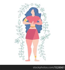 Woman in pose decorated with leaves and flowers. Yoga, concept of meditation, health benefits for the body, control of the mind and emotions.. Woman in pose. Yoga, concept of meditation, health benefits for the body, control of the mind and emotions