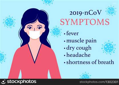 Woman in protective mask and symptoms of coronavirus. Healthcare and medical concept.