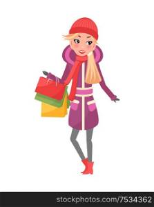 Woman in purple winter coat with packages in hands isolated vector. Female in red scarf and hat with shopping bags, Christmas holidays celebration, cartoon style. Woman in Purple Winter Coat with Packages in Hands