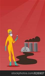 Woman in radiation protective suit standing on the background of nuclear power plant. Caucasian woman in radiation protective suit holding test-tube. Vector flat design illustration. Vertical layout.. Woman in radiation protective suit with test tube.