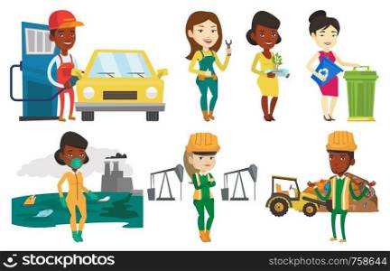 Woman in radiation protective suit standing on the background of nuclear power plant. Scientist wearing radiation protection suit. Set of vector flat design illustrations isolated on white background.. Vector set of characters on ecology issues.