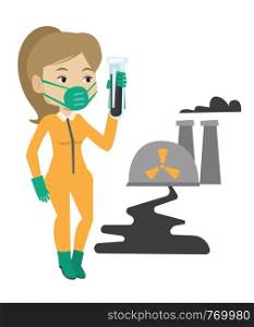 Woman in radiation protective suit standing on the background of nuclear power plant. Woman in radiation protective suit holding test-tube. Vector flat design illustration isolated on white background. Woman in radiation protective suit with test tube.