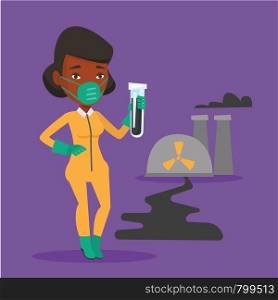 Woman in radiation protective suit standing on the background of nuclear power plant. An african woman in radiation protective suit holding test-tube. Vector flat design illustration. Square layout.. Woman in radiation protective suit with test tube.