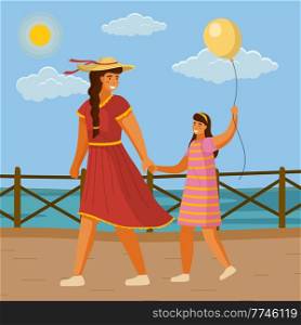Woman in red dress and wide-brimmed hat leads the girl s hand in striped summer dress, with inflatable balloon. Sea embankment, sea, ocean, bright sun, clear sky. Boat trip, summer resort relaxation. Mom in red dress leads her daughter by hand. The family spends time together on summer sea holidays