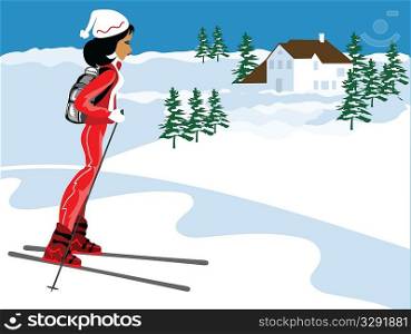Woman in red on a skiing holiday