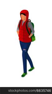 Woman in red sleeveless jacket, green shoes and backpack in blue jeans vector illustration. Student or college girl cartoon character isolated on white. Woman in Sleeveless Jacket Green Shoes and Backpack
