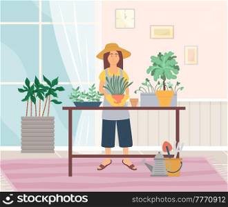 Woman in rubber gloves grows plants and flowers in pots. Girl is gardening near watering can and bucket with shovel and rake. Person in hat take care of environment. Green plants in pots on table. Woman in rubber gloves grows plants and flowers in pots. Girl is gardening near watering can