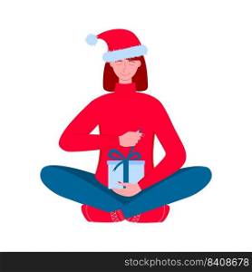 Woman in Santa hat holding gift box and opening it. Unpacking Christmas present concept. Vector flat illustration.. Woman in Santa hat holding gift box and opening it. Unpacking Christmas present concept. Vector flat illustration