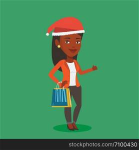 Woman in santa hat holding shopping bags. African-american woman carrying shopping bags. Girl with a lot of shopping bags. Woman buying christmas gifts. Vector flat design illustration. Square layout. Woman in santa hat shopping for christmas gifts.