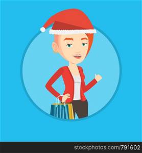 Woman in santa hat holding shopping bags and giving thumb up. Caucasian woman carrying shopping bags. Woman buying christmas gifts. Vector flat design illustration in the circle isolated on background. Woman in santa hat shopping for christmas gifts.