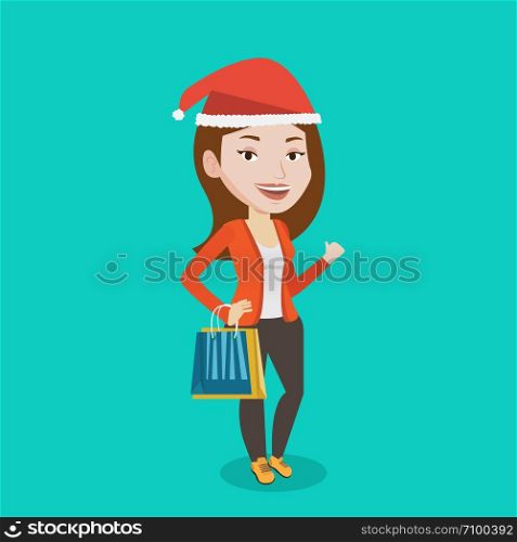 Woman in santa hat holding shopping bags. Caucasian woman carrying shopping bags. Girl with a lot of shopping bags. Girl shopping for christmas gifts. Vector flat design illustration. Square layout. Woman in santa hat shopping for christmas gifts.