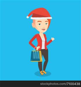 Woman in santa hat holding shopping bags. Caucasian woman carrying shopping bags. Girl with a lot of shopping bags. Young woman buying christmas gifts. Vector flat design illustration. Square layout. Woman in santa hat shopping for christmas gifts.