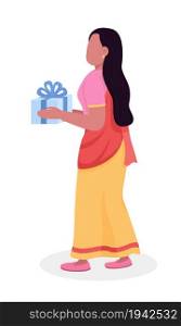 Woman in sari giving gift semi flat color vector character. Posing figure. Full body person on white. Celebrate Diwali isolated modern cartoon style illustration for graphic design and animation. Woman in sari giving gift semi flat color vector character