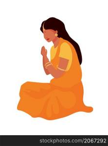Woman in sari praying semi flat color vector character. Sitting figure. Full body person on white. Spirituality isolated modern cartoon style illustration for graphic design and animation. Woman in sari praying semi flat color vector character