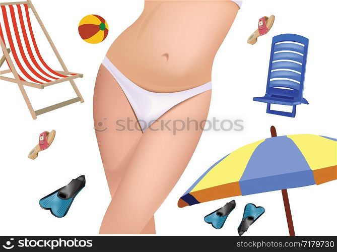 woman in sea costume with all the beach equipment