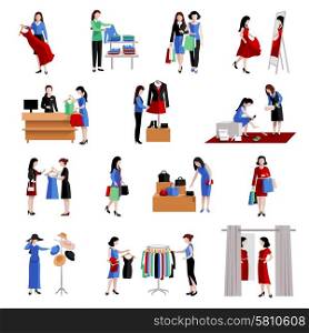 Woman in shopping center buying fashion goods icons set isolated vector illustration. Woman Shopping Icons