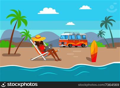 Woman in straw hat working on laptop at sandy beach. Suntanned girl works as freelancer summertime. Distant work and summer vacation vector illustration.. Woman in Straw Hat Works on Laprop at Beach