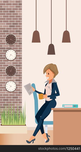 Woman in Suit Manager Lean on Table at Office. Female Character Read Paper. Businesswoman in Formal Wear Drink Coffee or Tea. Break at Work in Creative Coworking. Cartoon Flat Vector Illustration. Woman in Suit Manager Lean on Table at Office