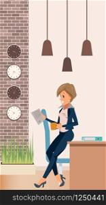 Woman in Suit Manager Lean on Table at Office. Female Character Read Paper. Businesswoman in Formal Wear Drink Coffee or Tea. Break at Work in Creative Coworking. Cartoon Flat Vector Illustration. Woman in Suit Manager Lean on Table at Office