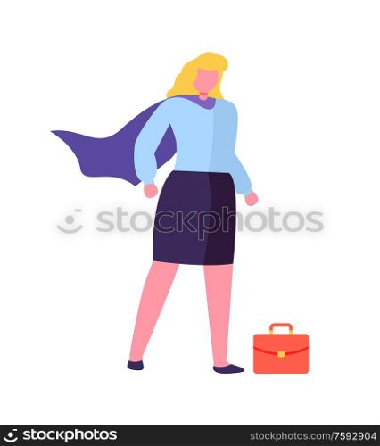 Woman in super hero coat with red briefcase isolated cartoon character. Vector businesswoman, leader ready to solve tasks, confident blonde lady in skirt. Woman in Super Hero Coat, Red Briefcase Isolated