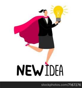 Woman in superhero cloak with light bulb - new idea vector illustration. Idea with light lamp, woman employee brainstorming. Woman in superhero cloak with light bulb - new idea vector illustration