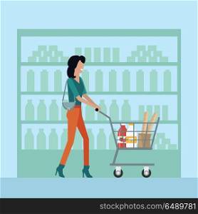Woman in Supermarket. Woman with shopping cart in supermarket. Woman in brown pants. Woman shopping, supermarket shopping, marketing people, market shop interior, customer in mall, retail store illustration in flat