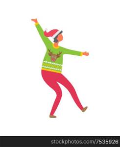Woman in sweater with reindeer, dressed in pink trousers and Santa Claus Hat wishes Merry Christmas. Dancing female stand on one leg, vector icon. Woman in Sweater Reindeer Dressed in Pink Trousers