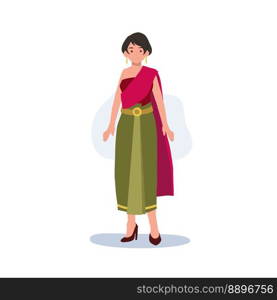 Woman in Thai traditional clothes. Traditional southeast asian costume, Thailand. Flat vector illustration