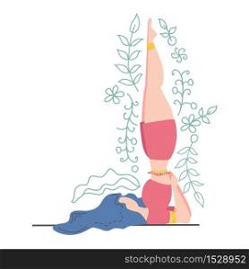 Woman in the pose of the Queen of Asanas - Sarvangasana decorated with leaves and flowers. Yoga, concept of meditation, health benefits for the body, control of the mind and emotions. Woman in the pose of the Queen of Asanas - Sarvangasana. Yoga, concept of meditation, health benefits for the body, control of the mind and emotions.