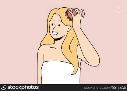 Woman in towel after shower use scalp brush massaging head. Female after bath massage scalp with beauty tool. Vector illustration. . Woman in towel massage head with scalp brush 