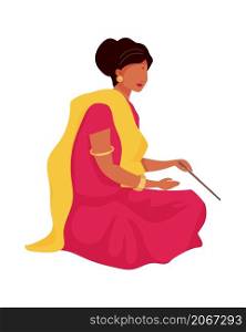 Woman in traditional sari semi flat color vector character. Sitting figure. Full body person on white. National holiday isolated modern cartoon style illustration for graphic design and animation. Woman in traditional sari semi flat color vector character