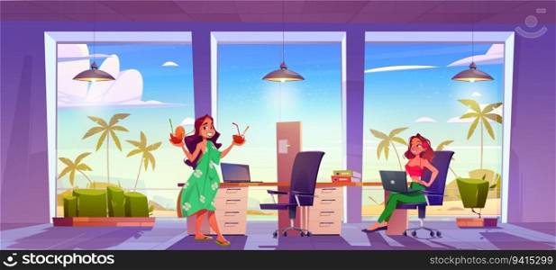 Woman in tropic work office room near sea beach summer vector background. Open space desk on Hawaii with happy female manager and cocktail. Modern company sunny openspace workplace near ocean. Woman in tropic work office room near sea beach