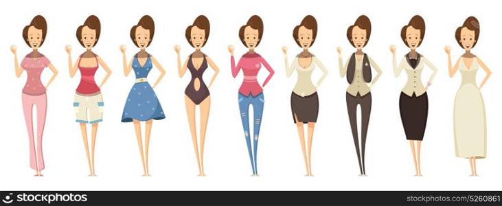 Woman In Various Outfits Set . Smiling woman in confident pose and in various outfits set in cartoon style isolated vector illustration