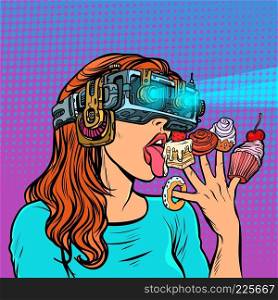 woman in virtual reality glasses eating sweets. cake cupcake donut marshmallow. Pop art retro vector illustration vintage kitsch. woman in virtual reality glasses eating sweets
