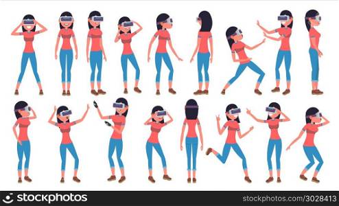 Woman In Virtual Reality Glasses Vector. Cyberspace Concept. 3D VR Glasses. Poses. Flat Illustration. Woman In Virtual Reality Glasses Vector. Poses. 360 Game. Flat Illustration