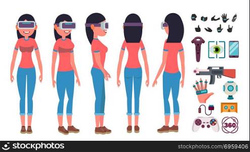Woman In Virtual Reality Glasses Vector. Cyberspace Concept. 3D VR Glasses. Poses. Flat Illustration. Woman In Virtual Reality Glasses Vector. Poses. 360 Game. Flat Illustration