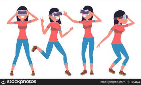 Woman In Virtual Reality Glasses Vector. Poses. Modern Console. Futuristic Technology. Flat Illustration. Woman In Virtual Reality Glasses Vector. Cyberspace Concept. 3D VR Glasses. Poses. Flat Illustration