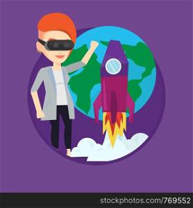 Woman in virtual reality headset flying in open space. Woman wearing futuristic virtual reality glasses and playing video game. Vector flat design illustration in the circle isolated on background.. Woman in vr headset flying in open space.