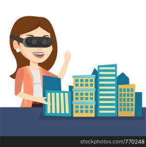 Woman in virtual reality headset getting into vr world. Woman developing architectural project of the city using virtual reality glasses. Vector flat design illustration isolated on white background.. Happy young woman wearing virtual reality headset.