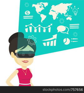 Woman in virtual reality headset looking at digital display with business graphs. Woman in virtual reality headset analyzing visual data. Vector flat design illustration isolated on white background.. Businesswoman in vr headset analyzing virtual data