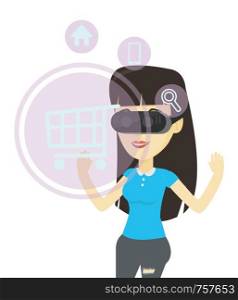 Woman in virtual reality headset looking at shopping cart icon. Woman doing online shopping. Virtual reality and shopping online concept. Vector flat design illustration isolated on white background.. Woman in virtual reality headset shopping online.