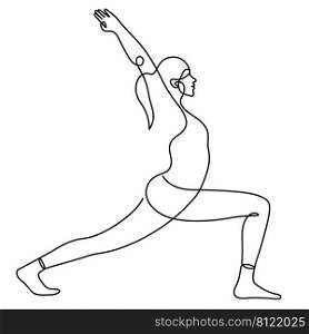 woman in warrior pose yoga balancing vector illustration. One line drawing and continuous style isolated on white background.