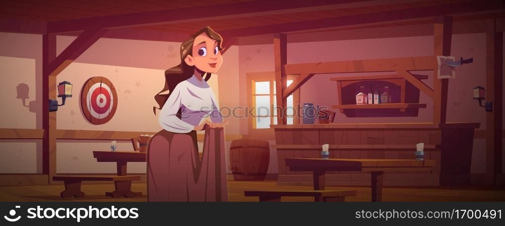 Woman in western cowboy saloon, young hostess wear long dress in old tavern, beer pub or bar interior with retro wooden furnishing and barrel. Game or book female character Cartoon vector illustration. Woman in western cowboy saloon, young hostess