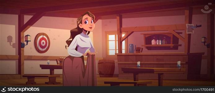 Woman in western cowboy saloon, young hostess wear long dress in old tavern, beer pub or bar interior with retro wooden furnishing and barrel. Game or book female character Cartoon vector illustration. Woman in western cowboy saloon, young hostess