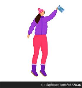 Woman in winter clothes receives letter flat color vector illustration. Getting post. Sending greeting card. Delivery services. Taking postcard isolated cartoon character on white background