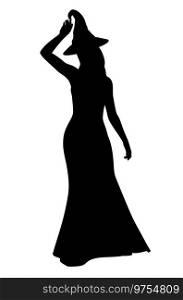 Woman in witch hat and long dress, detailed silhouette.