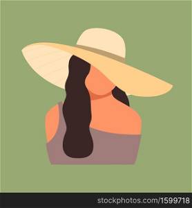 Woman in yellow hat on green background. Woman silhouette portrait. Vector illustration.