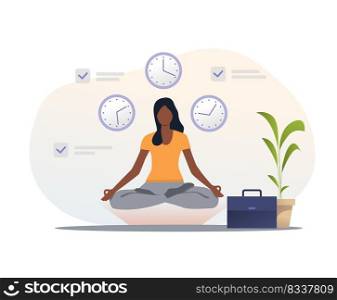 Woman in yoga apparel meditating at workplace. Yoga, lotus position, clock, briefcase. Time management concept. Vector illustration for presentation slide template or website design