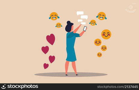 Woman influencer make selfie and blogger broadcast. People live online posing and subscribes fun vector illustration concept. Video vlog from smartphone device and content creator online video