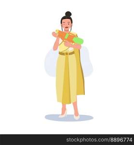  woman inSongkran Festival concept. Cu<ure in Thailand. woman in Thai traditional clothings is holding water gun. Flat Vector Illustration